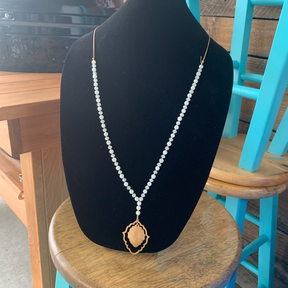 Pale blue bead with gold medallion necklace - Picture 2 of 3